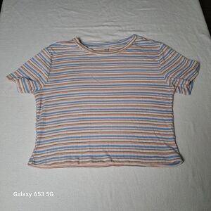 Striped Ribbed Short Sleeve Tee in White, Blue & Tan